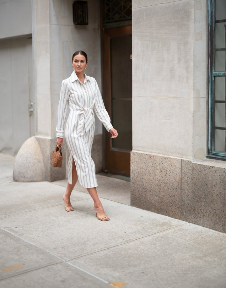 Amelia Long Sleeve Tie Front Shirt Dress in Rigato Stone