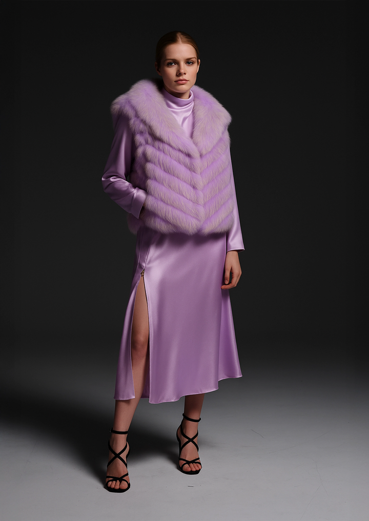 Silk Reversible Genuine Fur Short Vest in Lavender Sorbet