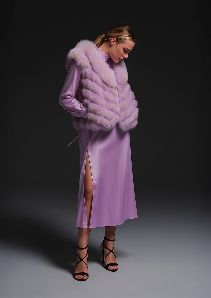 Silk Reversible Genuine Fur Short Vest in Lavender Sorbet