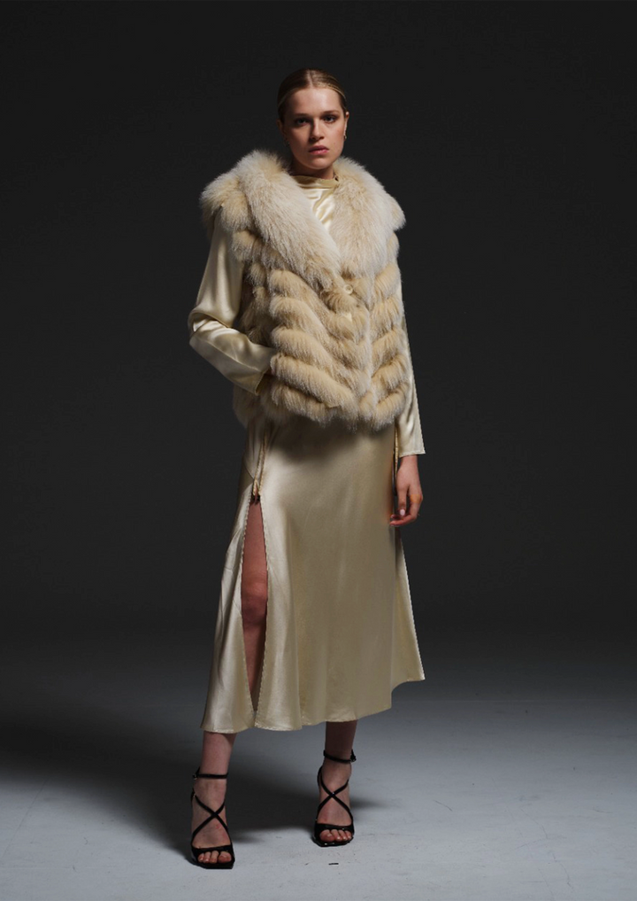 Silk Reversible Genuine Fur Short Vest in Pistachio