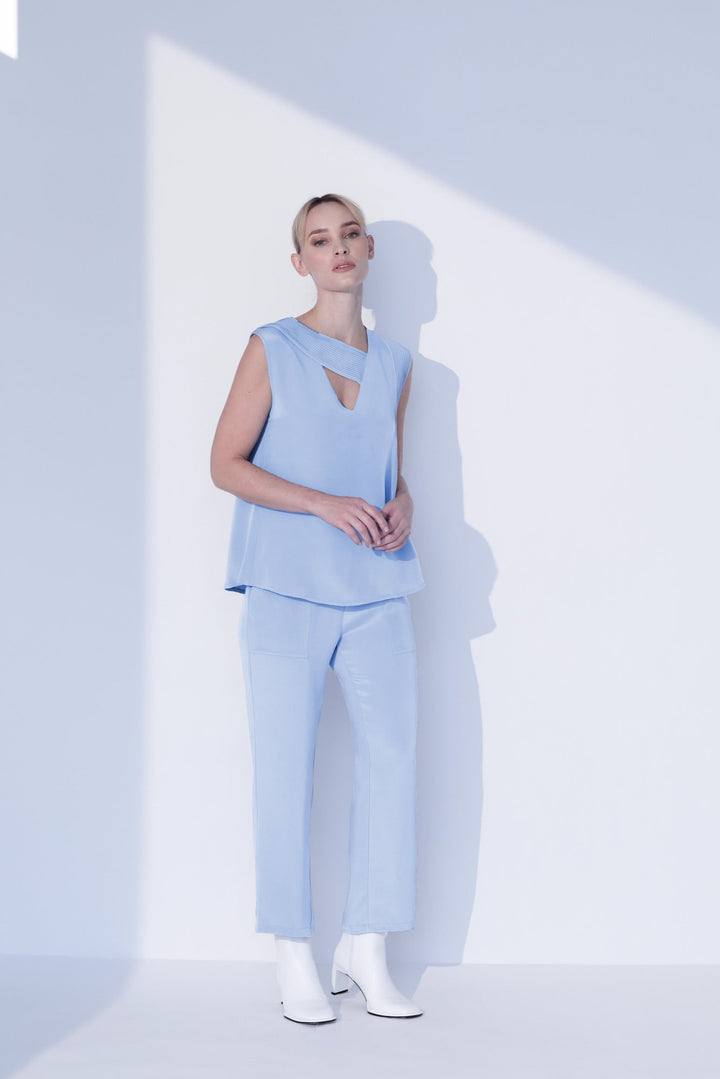 Pleated V Neck Tank Top in Baby Blue