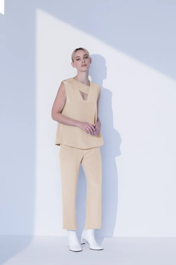 Pleated V Neck Tank Top in Champagne