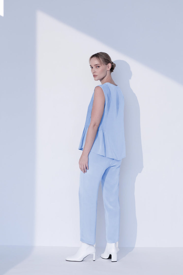 Pleated V Neck Tank Top in Baby Blue