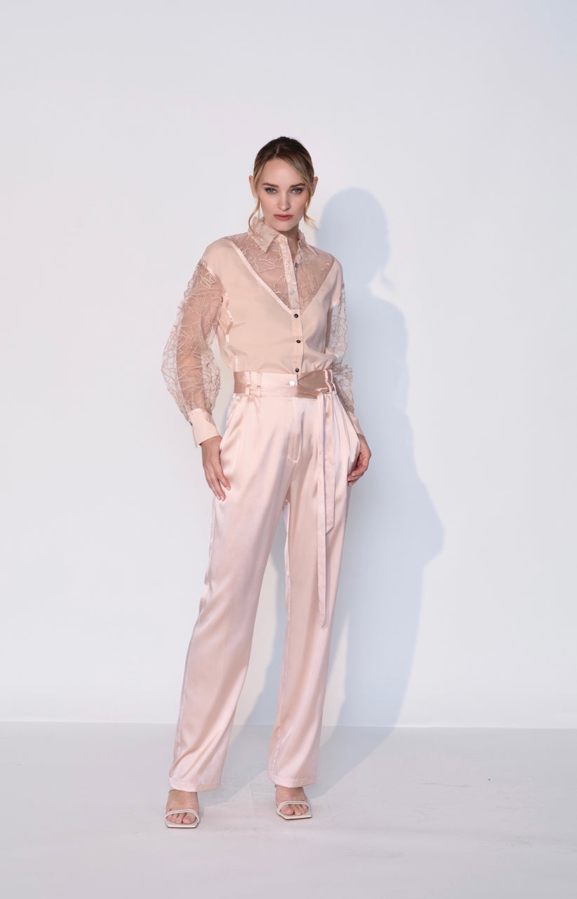 Embroidered Silk Cut Out Shirt in Rosy Pink