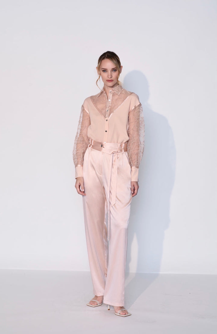 Embroidered Silk Cut Out Shirt in Rosy Pink
