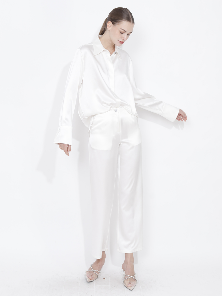 Full Cut Sateen Button Down Blouse In White