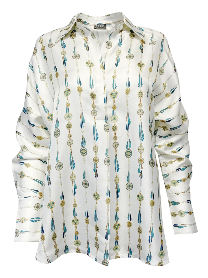 Silk Half Button Down Shirt White Fringe Print