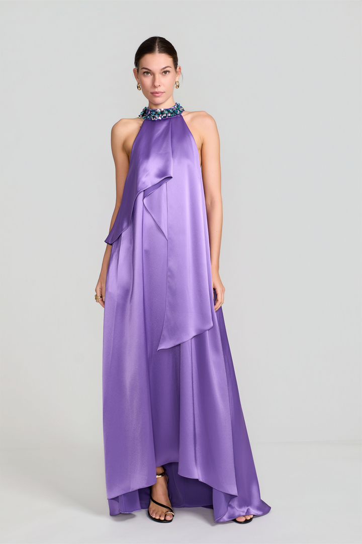 Beaded Neckline Sleeveless draped gown