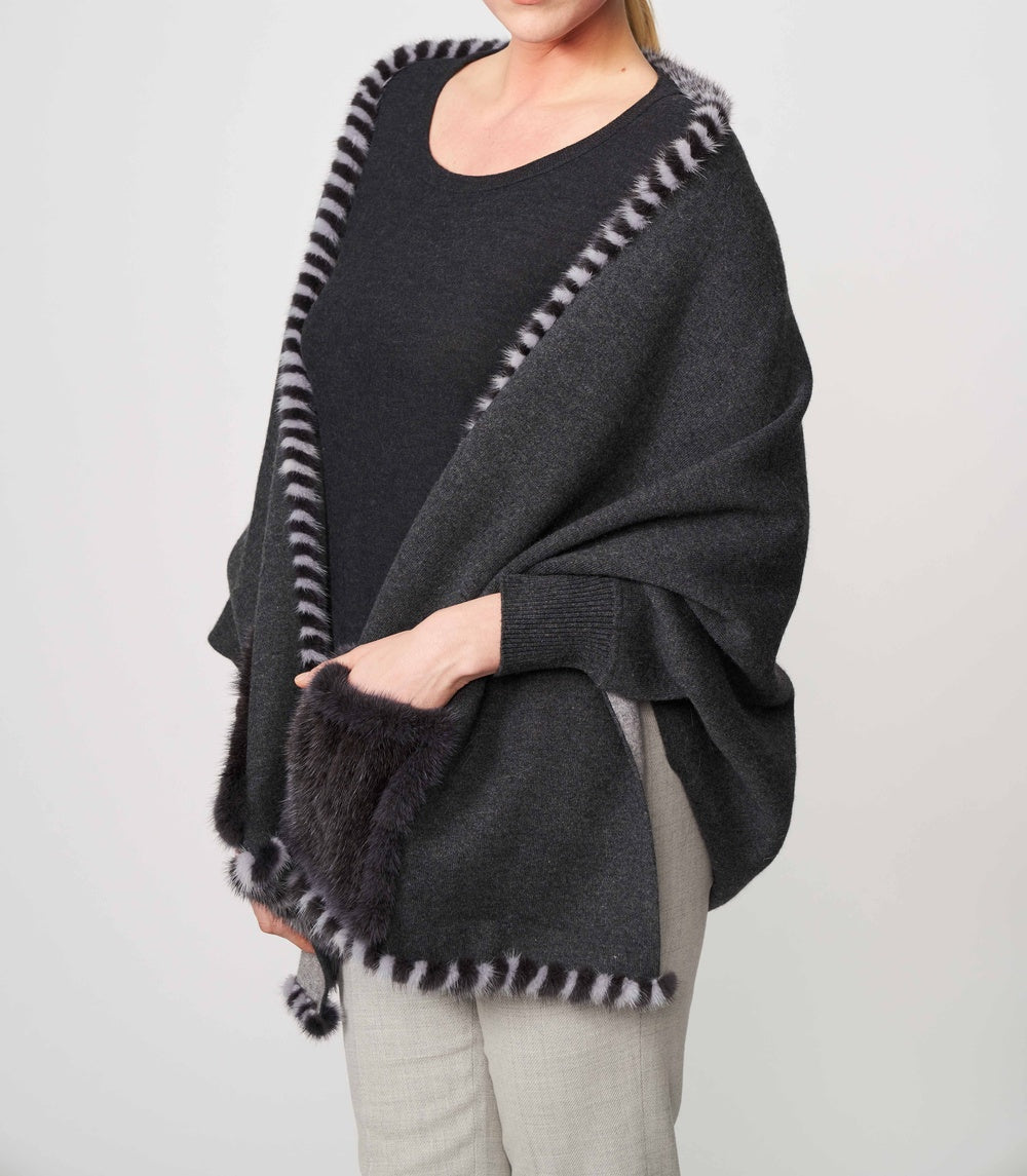 Woven Wrap With Cuff And Mink Trim Grey