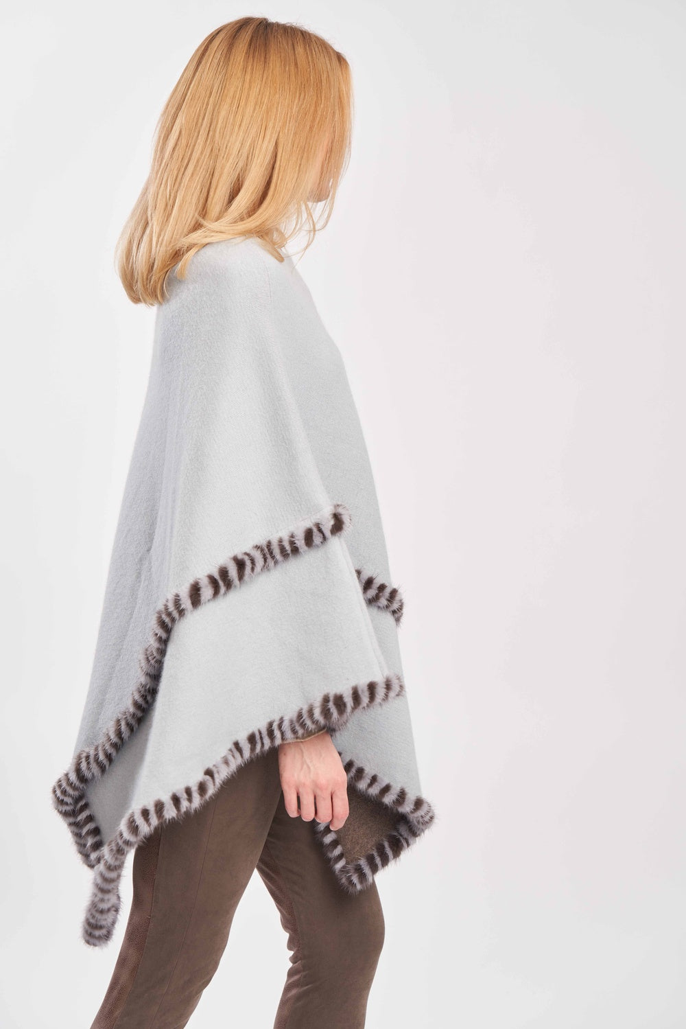 Woven Poncho With Mink Trim Baby Blue