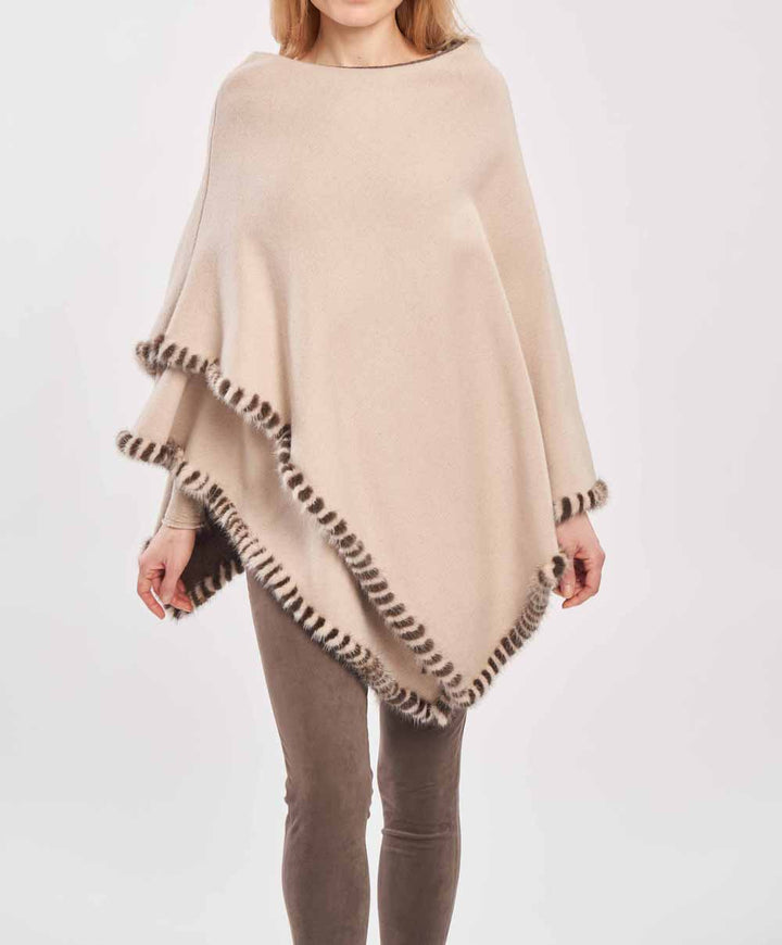 Woven Poncho With Mink Trim Cream