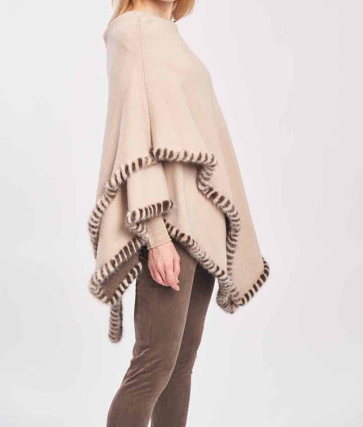 Woven Poncho With Mink Trim Cream