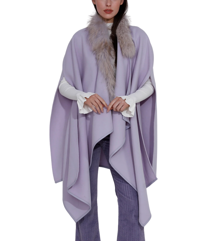 Asymmetric Wool Cape with Fur Collar Snow Lilac