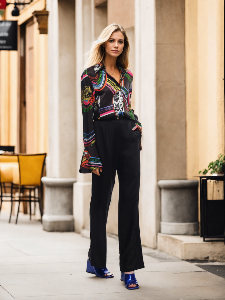 Silk Fitted Flare Bell Cuff Blouse Black Chain Print