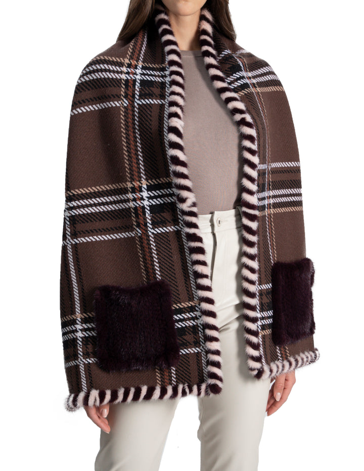 Woven Plaid Wrap With Cuff And Mink Trimming Blue Plaid Brown