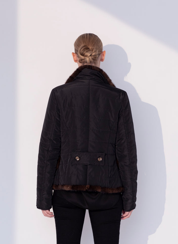 Quilted Jacket with Mink in Black/Brown