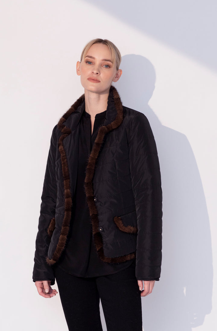 Quilted Jacket with Mink in Black/Brown