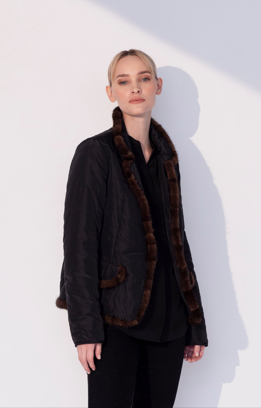 Quilted Jacket with Mink in Black/Brown