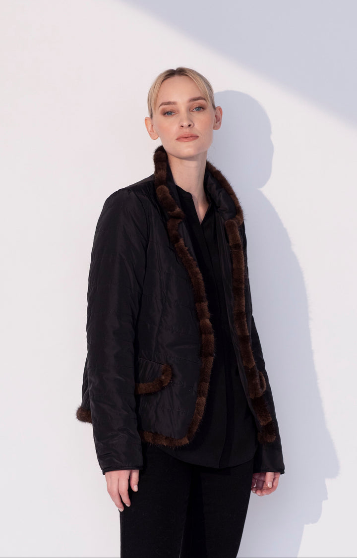 Quilted Jacket with Mink in Black/Brown