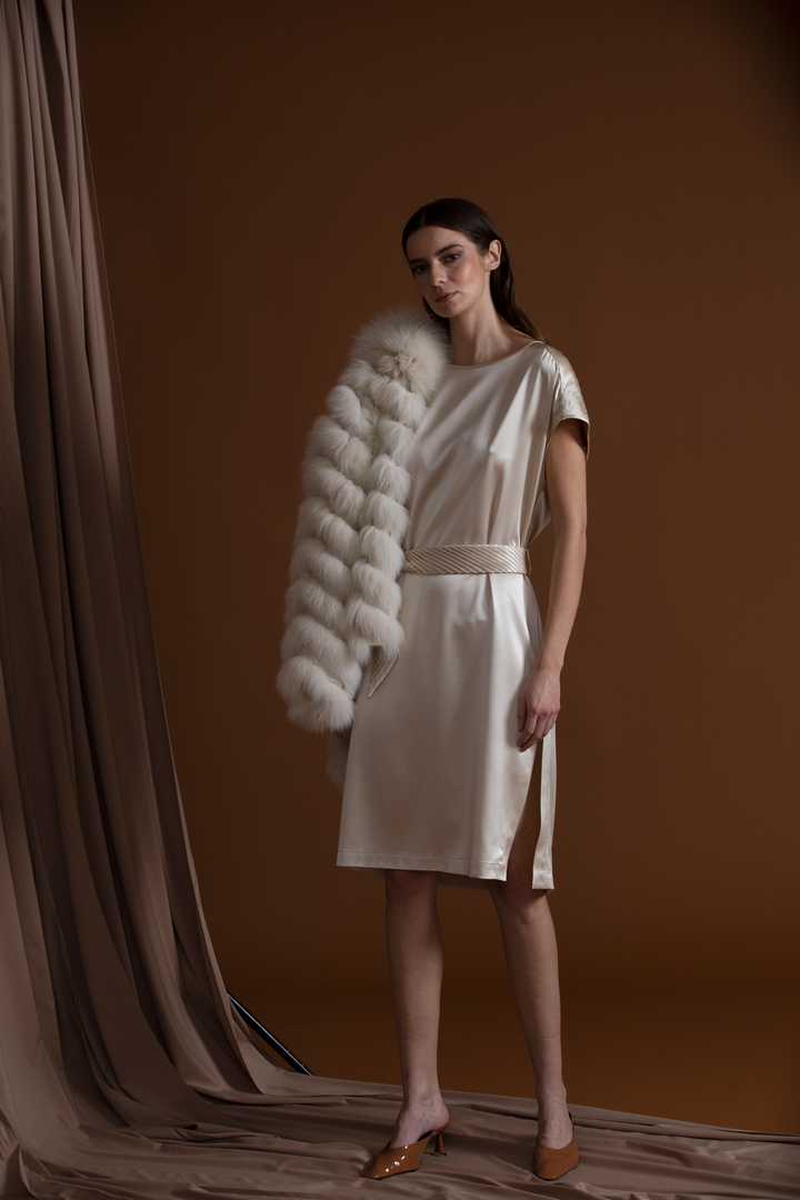 Sateen Short Pleated Dress In Champagne