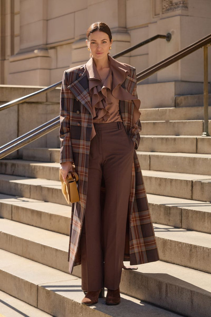 Wool Scarf Plaid Coat in Mocca Tartan