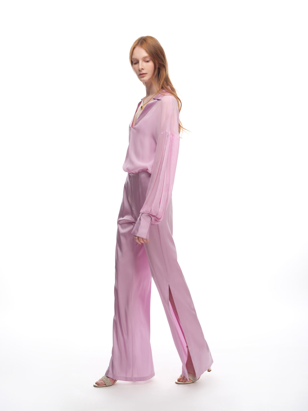 Silk Slit Pants (Simone Pants) in Rosy Pink