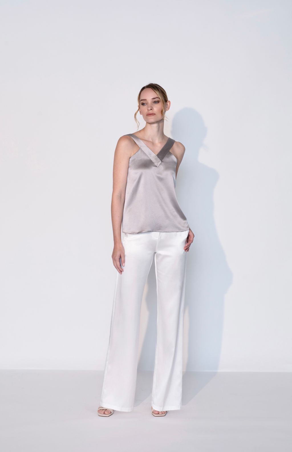 Silk Plunging V Neck Tank Top in Stone Grey