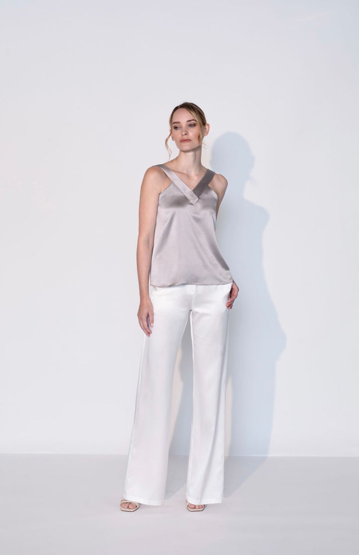 Silk Plunging V Neck Tank Top in Stone Grey