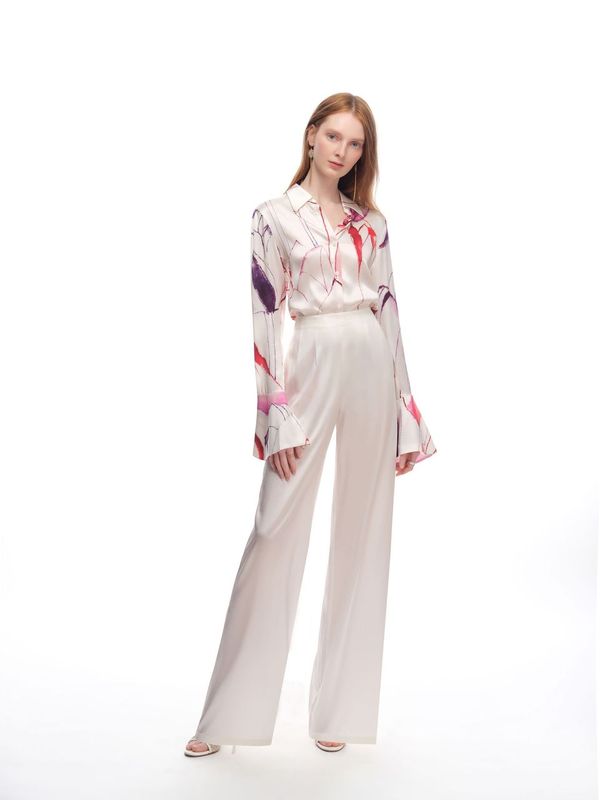 Silk Fitted Flare Bell Cuff Blouse in Tulip