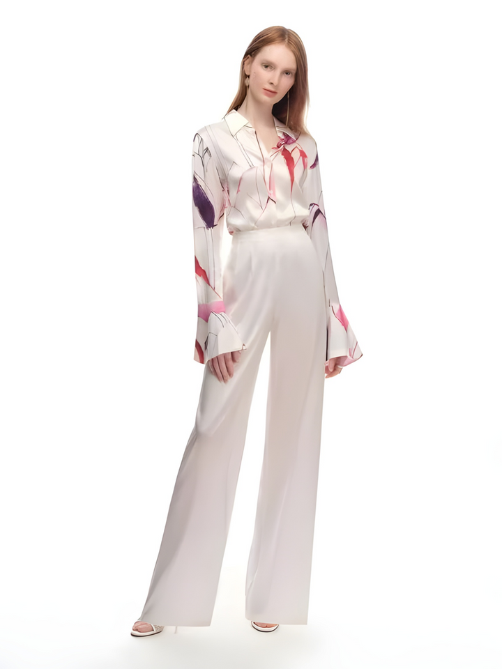 Silk Fitted Flare Bell Cuff Blouse in Tulip