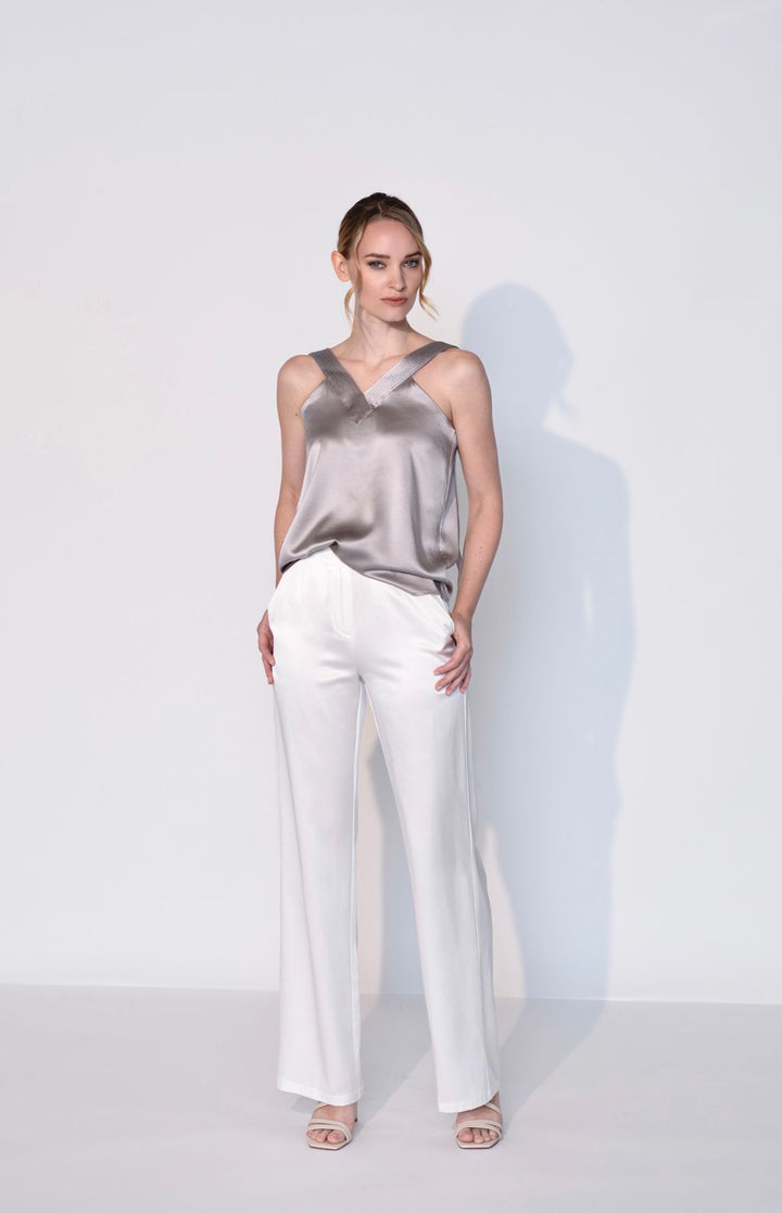 Silk Plunging V Neck Tank Top in Stone Grey