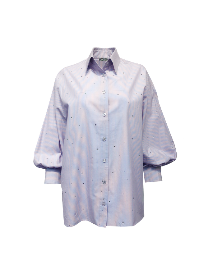 OXFORD BLOUSE WITH BLOUSON SLEEVE IN AERIAL BLUE RHINESTONE