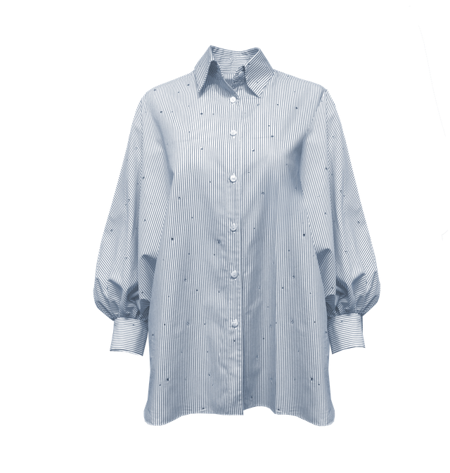 OXFORD BLOUSE WITH BLOUSON SLEEVE IN NAVY STRIPE RHINESTONE