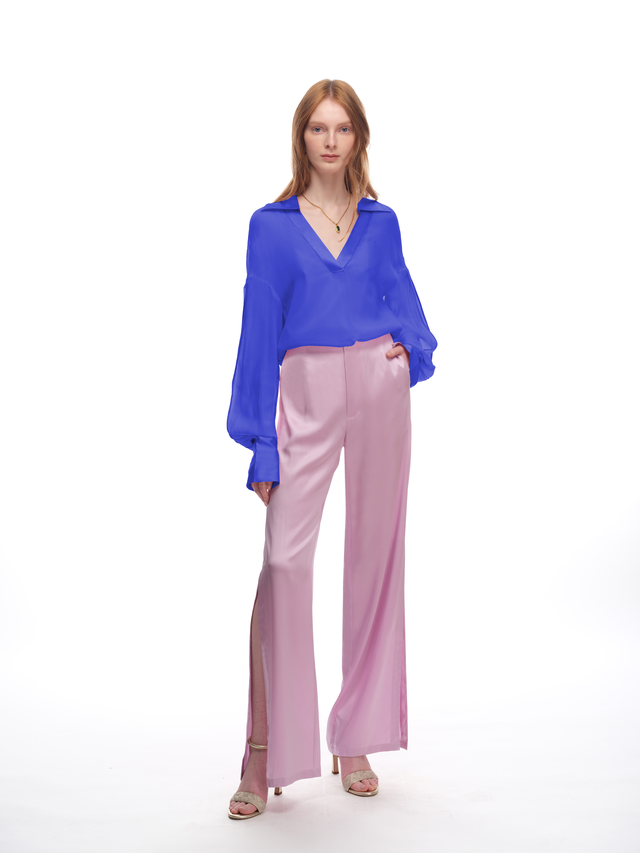 Silk Crepon Pleated Blouse in Azure