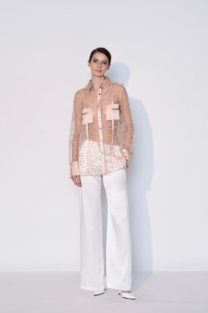 Embroidered Crispy Silk Organza Shirt in Rosy Pink