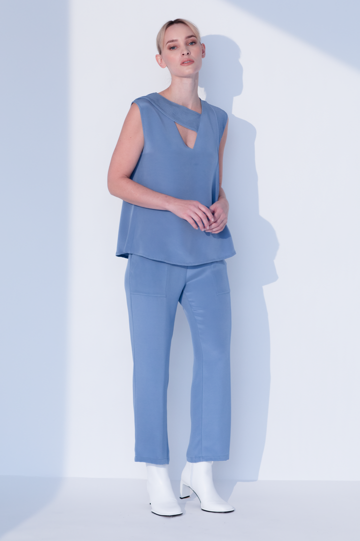 Chic Pleated V Neck Tank Top in Denim