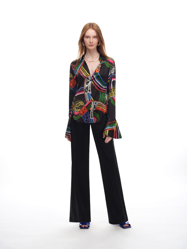 Silk Fitted Flare Bell Cuff Blouse Black Chain Print