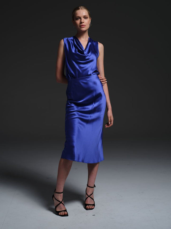 Silk Sateen Cowl Neck Blouse in Azure