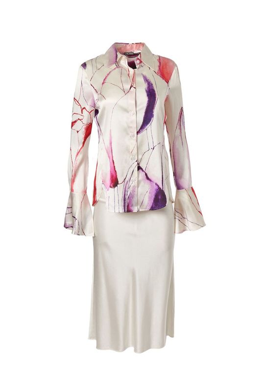 Silk Fitted Flare Bell Cuff Blouse in Tulip