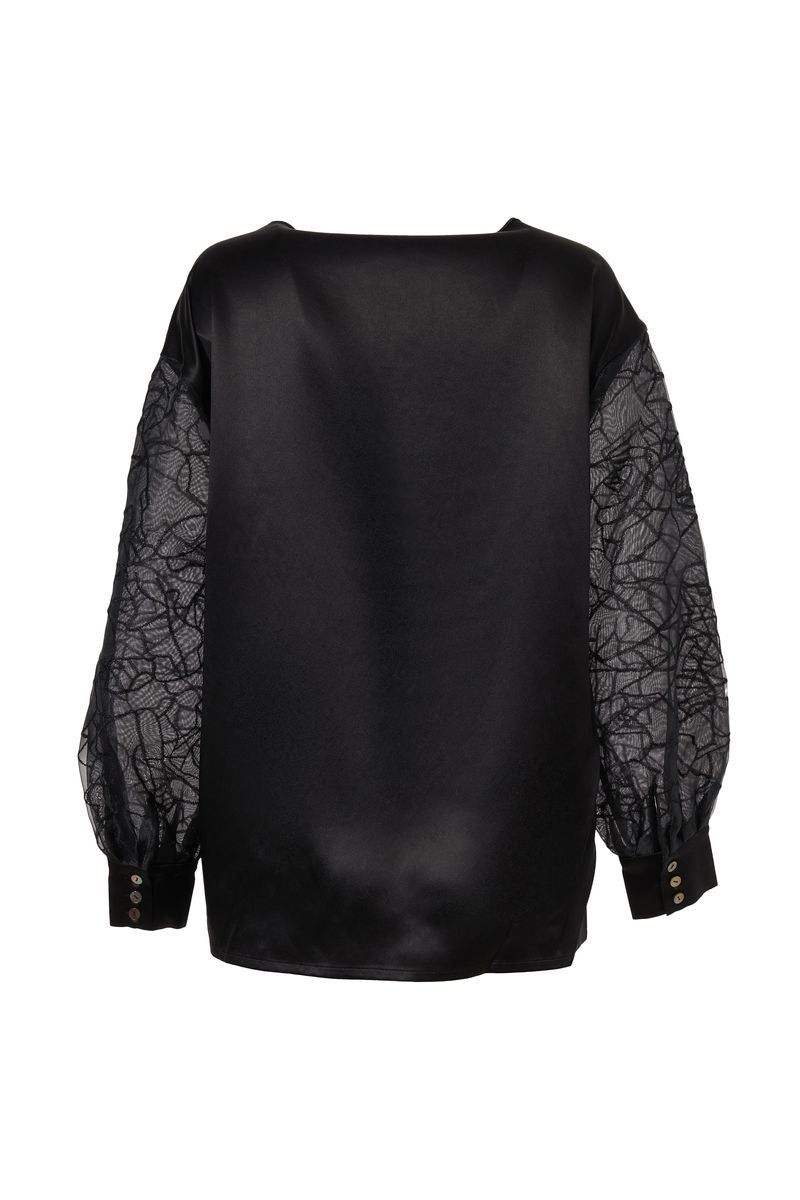 Oversized Silk Organza Embroidered Blouse in Black