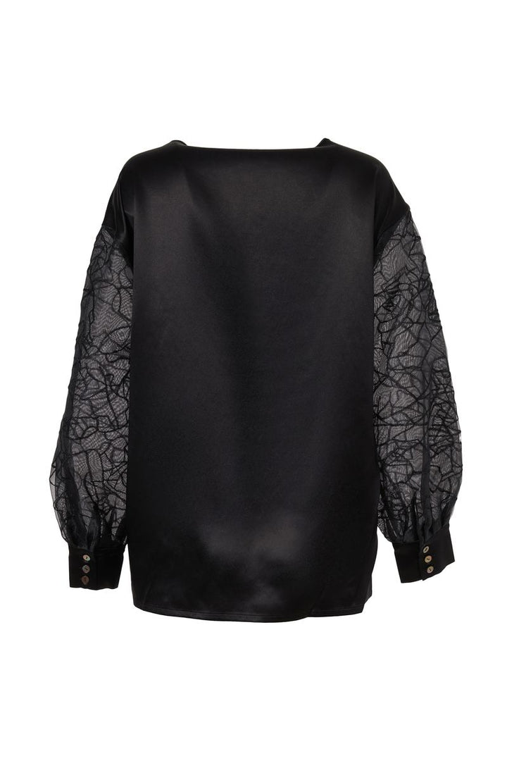 Oversized Silk Organza Embroidered Blouse in Black