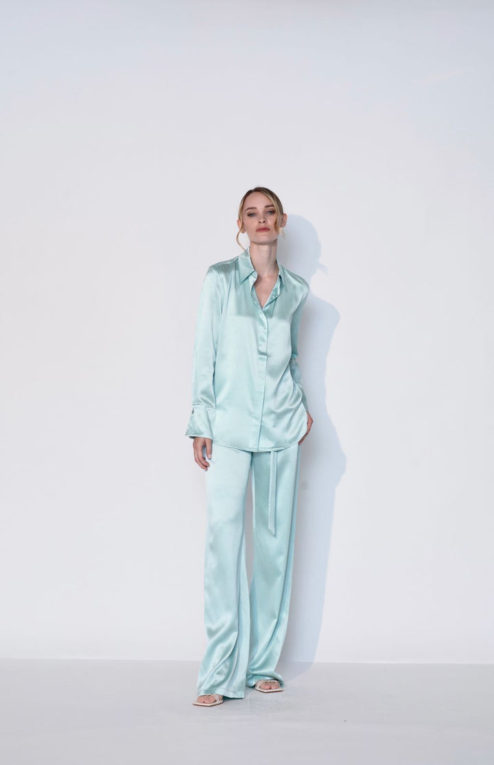 Turquoise Silk Button Down Shirt