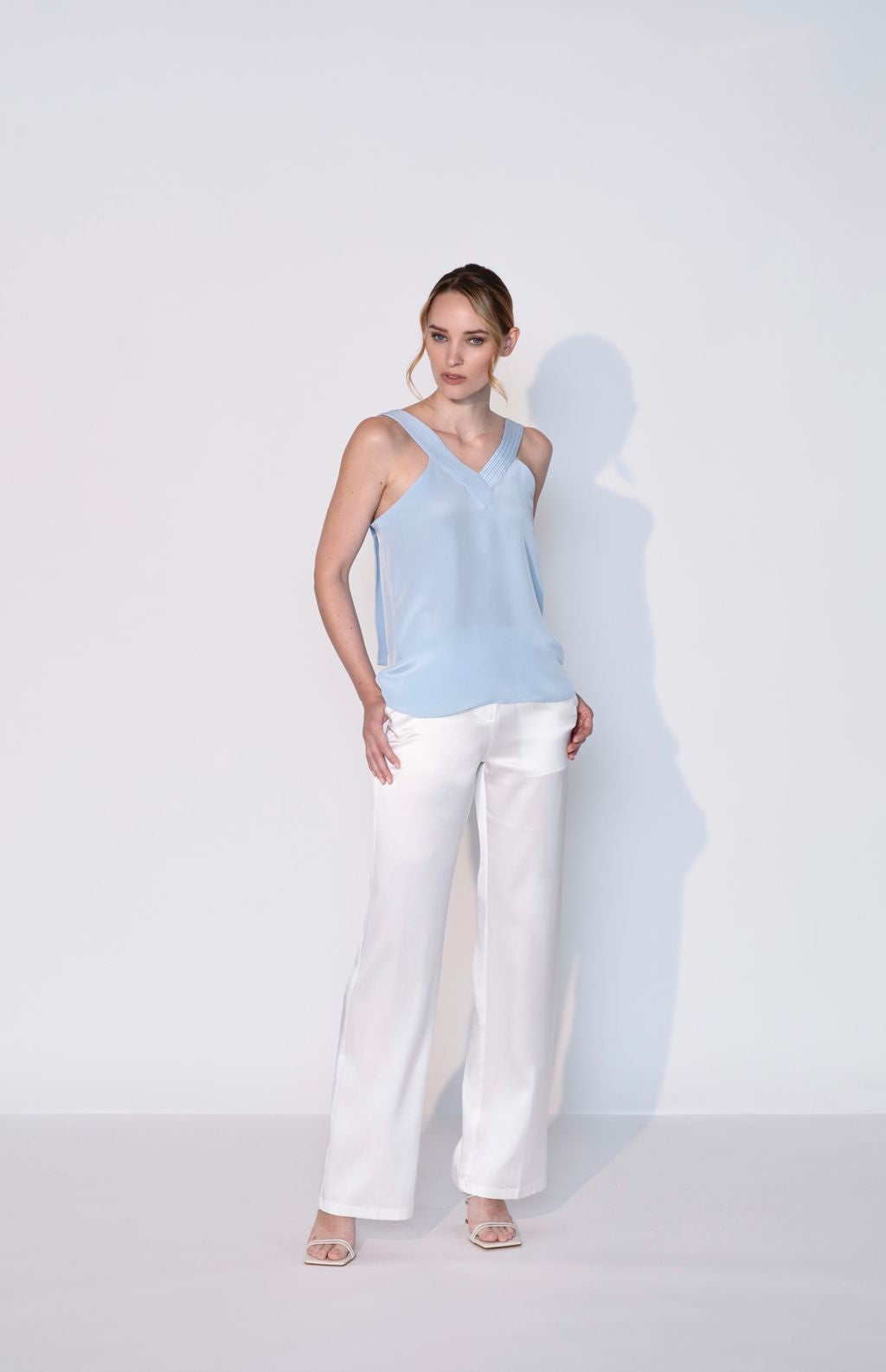 Silk Plunging V Neck Tank Top in Atlantic Blue