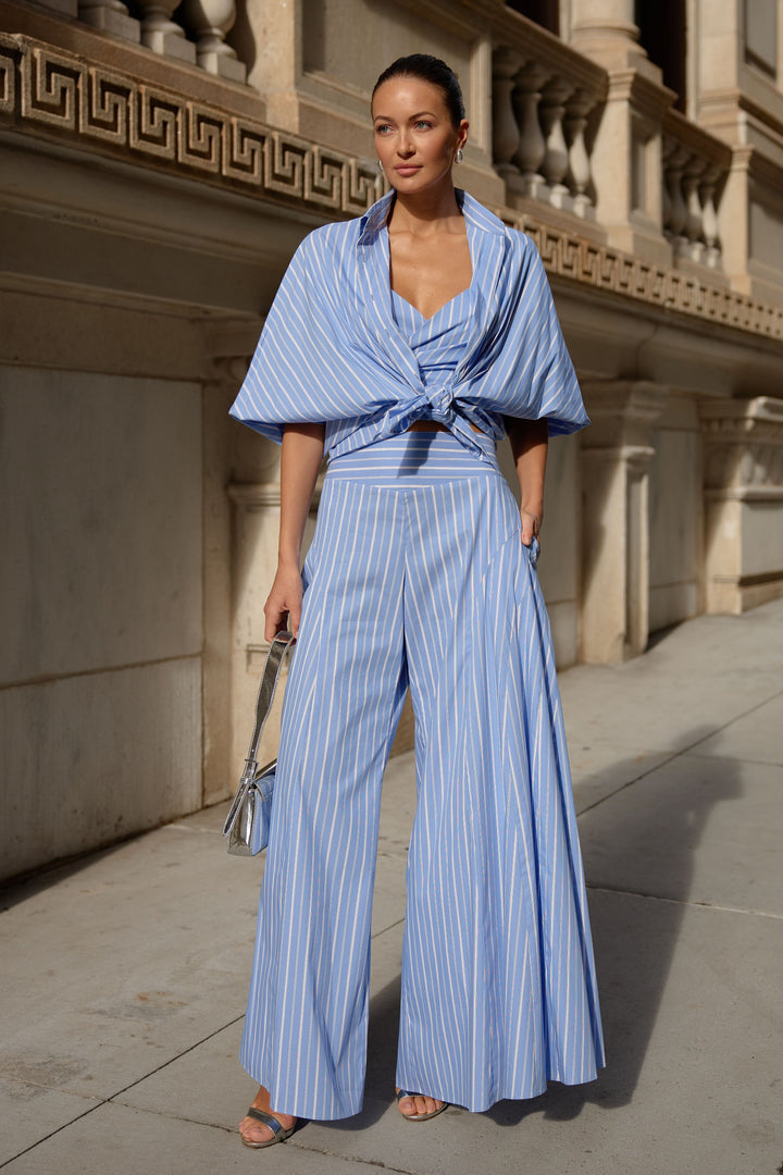 Oxford Blouse with Blouson Sleeve in Blue/White Stripe