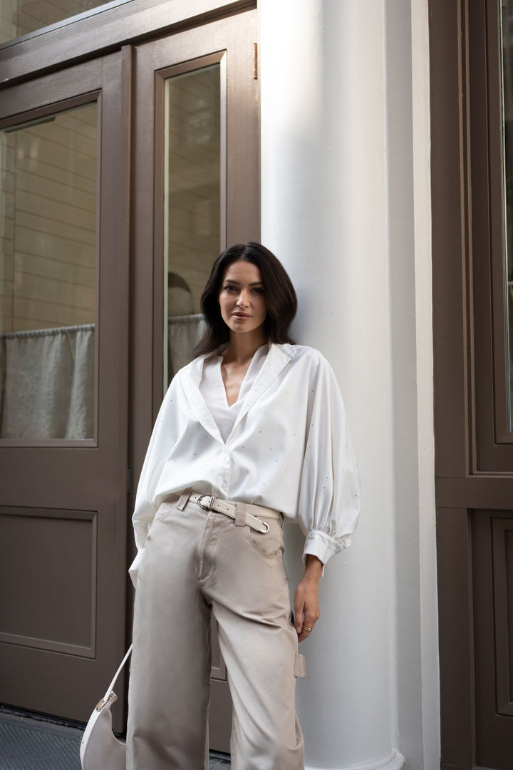 Mid-Rise Wide-Leg Barrel Jeans Beige Twill
