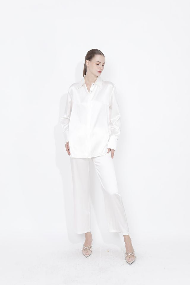 Full Cut Sateen Button Down Blouse In White