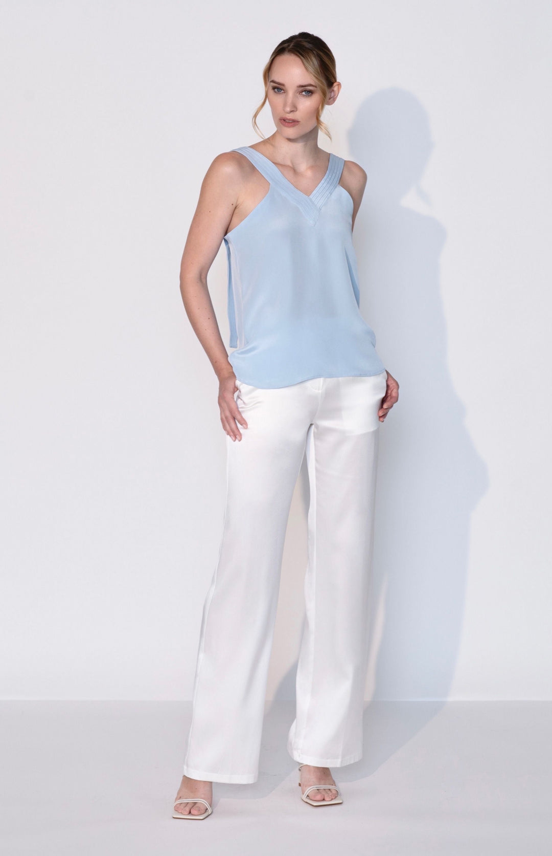 Silk Plunging V Neck Tank Top in Atlantic Blue