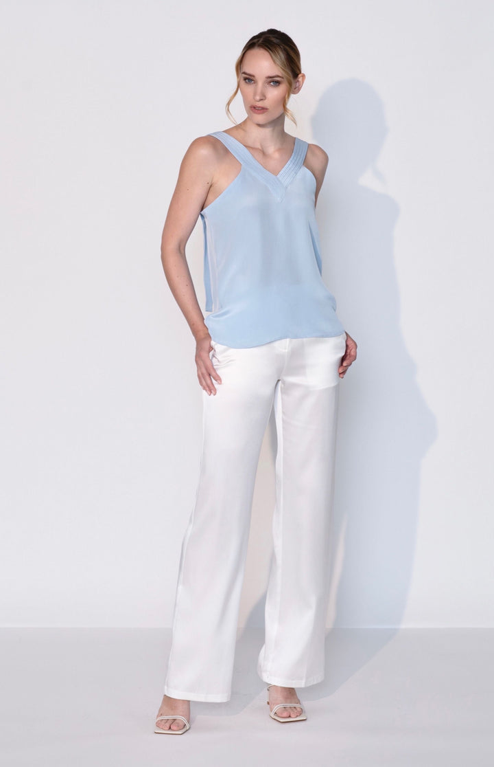 Silk Plunging V Neck Tank Top in Atlantic Blue