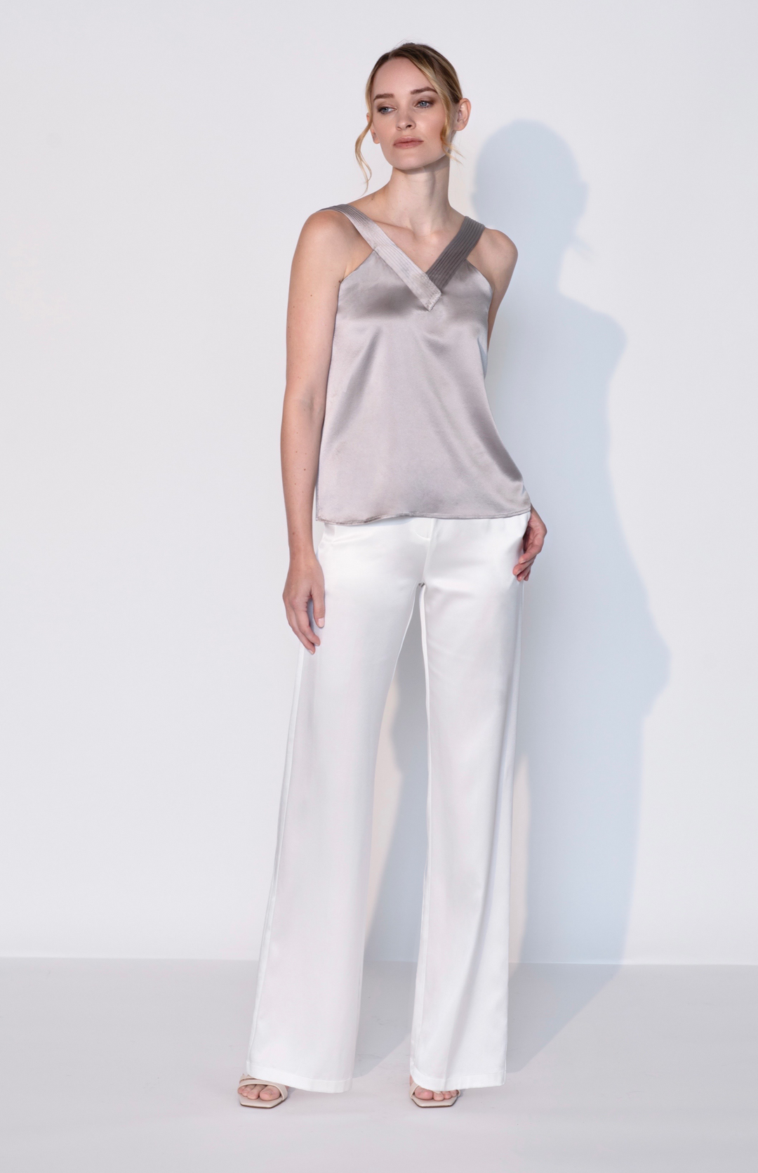 Silk Plunging V Neck Tank Top in Stone Grey