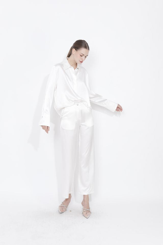 Full Cut Sateen Button Down Blouse In White